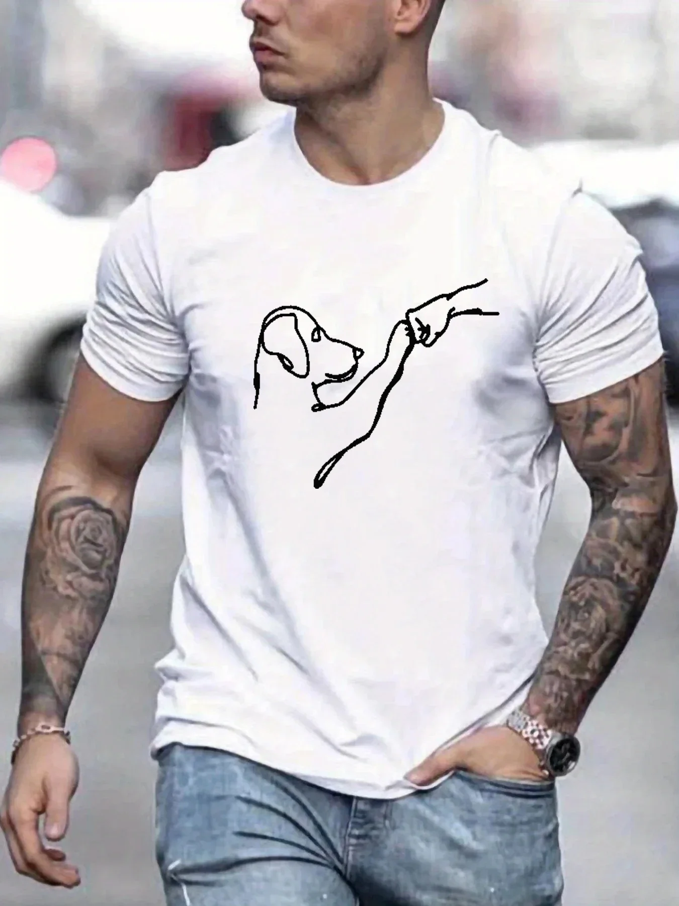 Heren 100% katoen zomer losse pasvorm High Fives Line Drawing bedrukt slim fit casual sport ronde hals korte mouwen T-shirt top