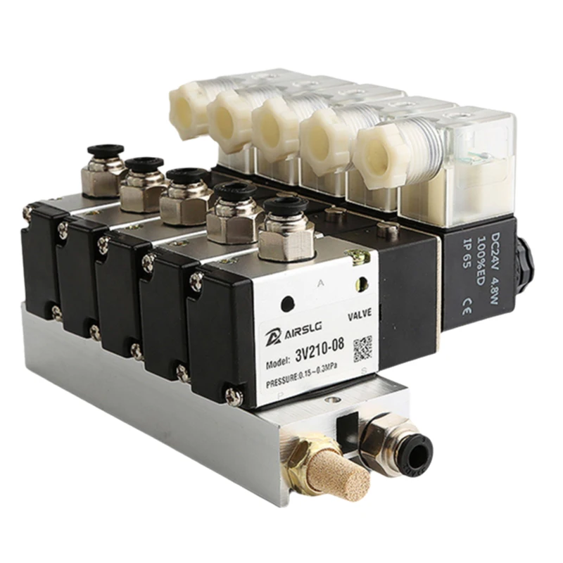 3V210-08-NC Manifold Station Solenoid Valve 3 Port 2 Position Multi-way Combination DC12V 24V AC220V With Fitting Solenoid Valve