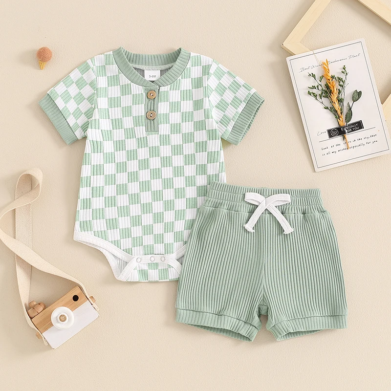 

Summer Newborn Infant Baby Boys Outfits Clothing Checkerboard Buttons Short Sleeve Romper Top and Shorts 2Pcs Clothes Set