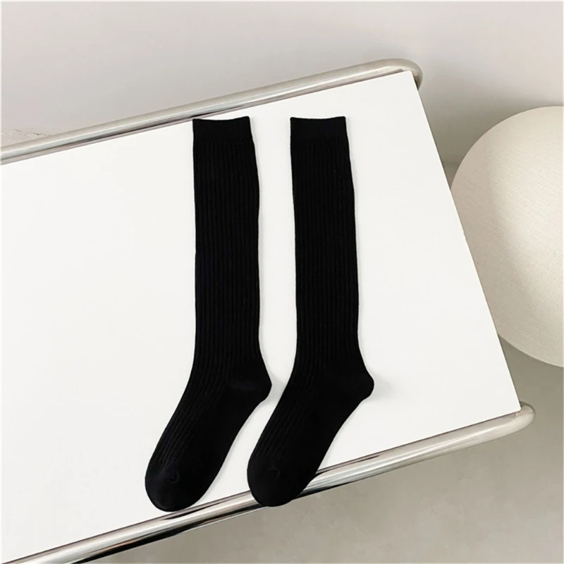 

Women Cotton Long Socks Harajuku Plain Solid Color Ribbed Knitting Stockings