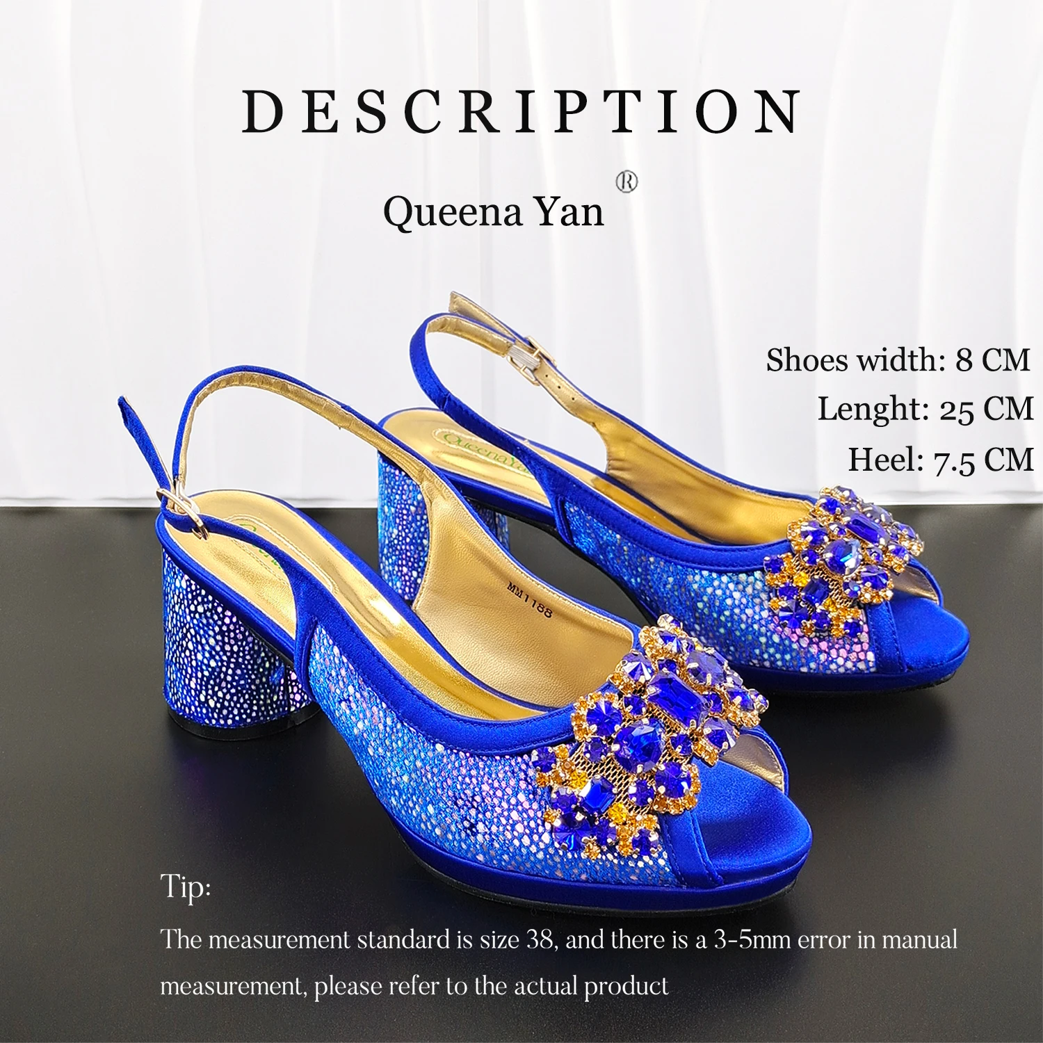 Newest INS Style Royal Blue Rhinestone Elegant Women High Heels Nigeria Popular Itlian Design African Ladies Shoes And Bag Set view 6