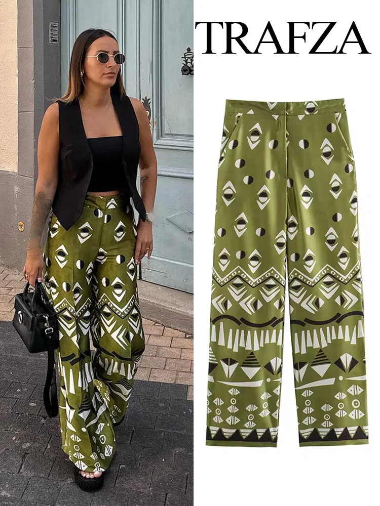 

TRAFZA Summer Fashion Women Long Pants Green High Waist Pockets Zipper Wide Leg Pants Female Bohemian Style Full Length Pant