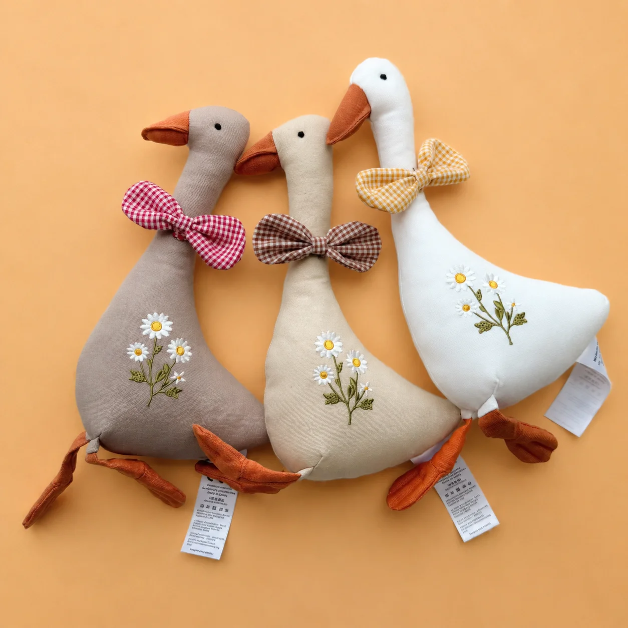 Handmade Linen Goose Doll Soft Plush Toy with Embroidery Flower Bow Tie Cute Animal Stuffed Doll Kids Birthday Gift