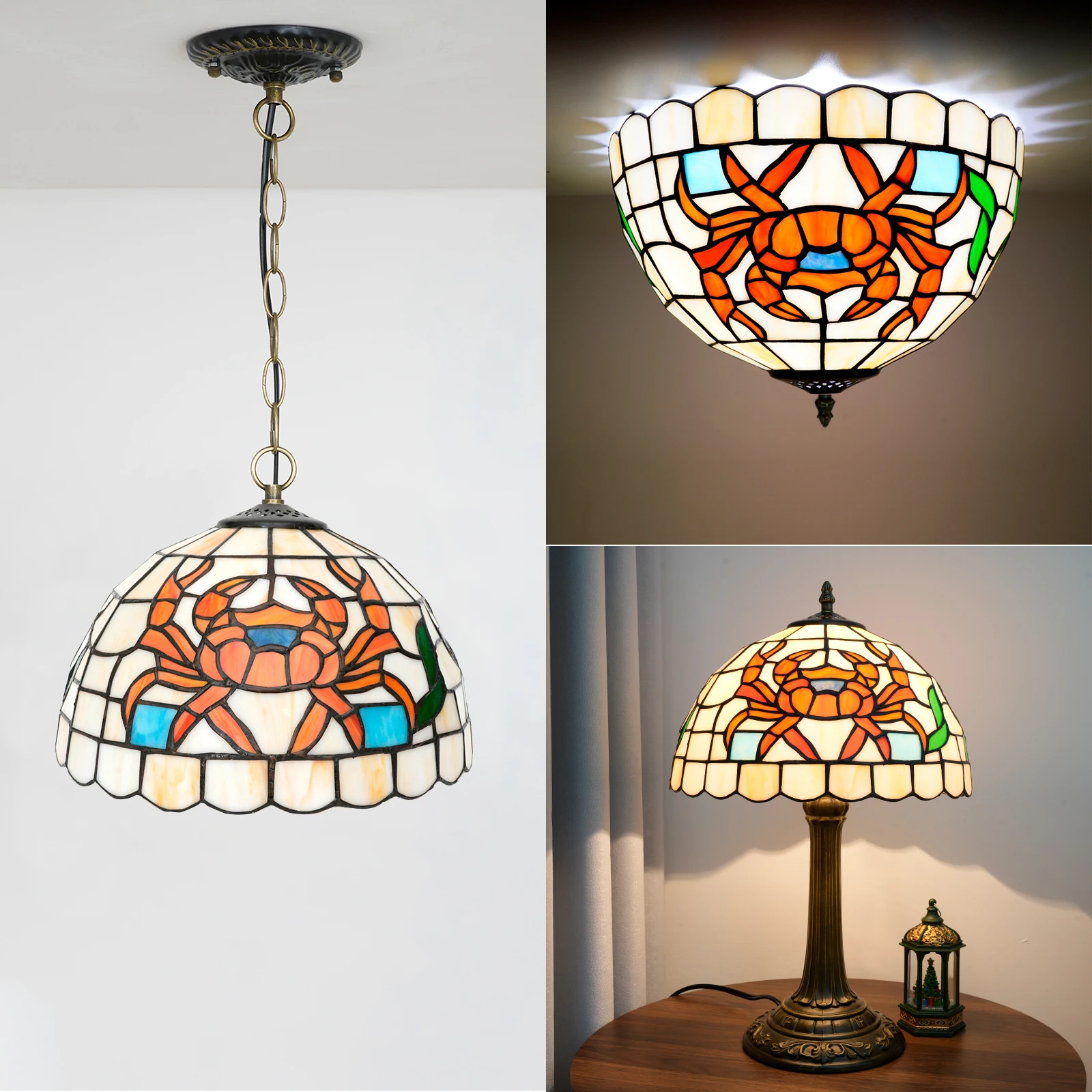 Stained Glass Lamp Shade Replacement Only Tiffany Style Crab Lampshade Pastoral Lamp Cover Accessories Fit for Table Lamp