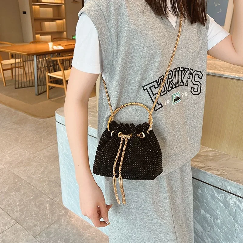 Women\'s Handbags Shoulder Candy Color Bucket Bag Round Handle Drawstring Crossbody Bags for Women Rhinestone Evening Bag Bolsa