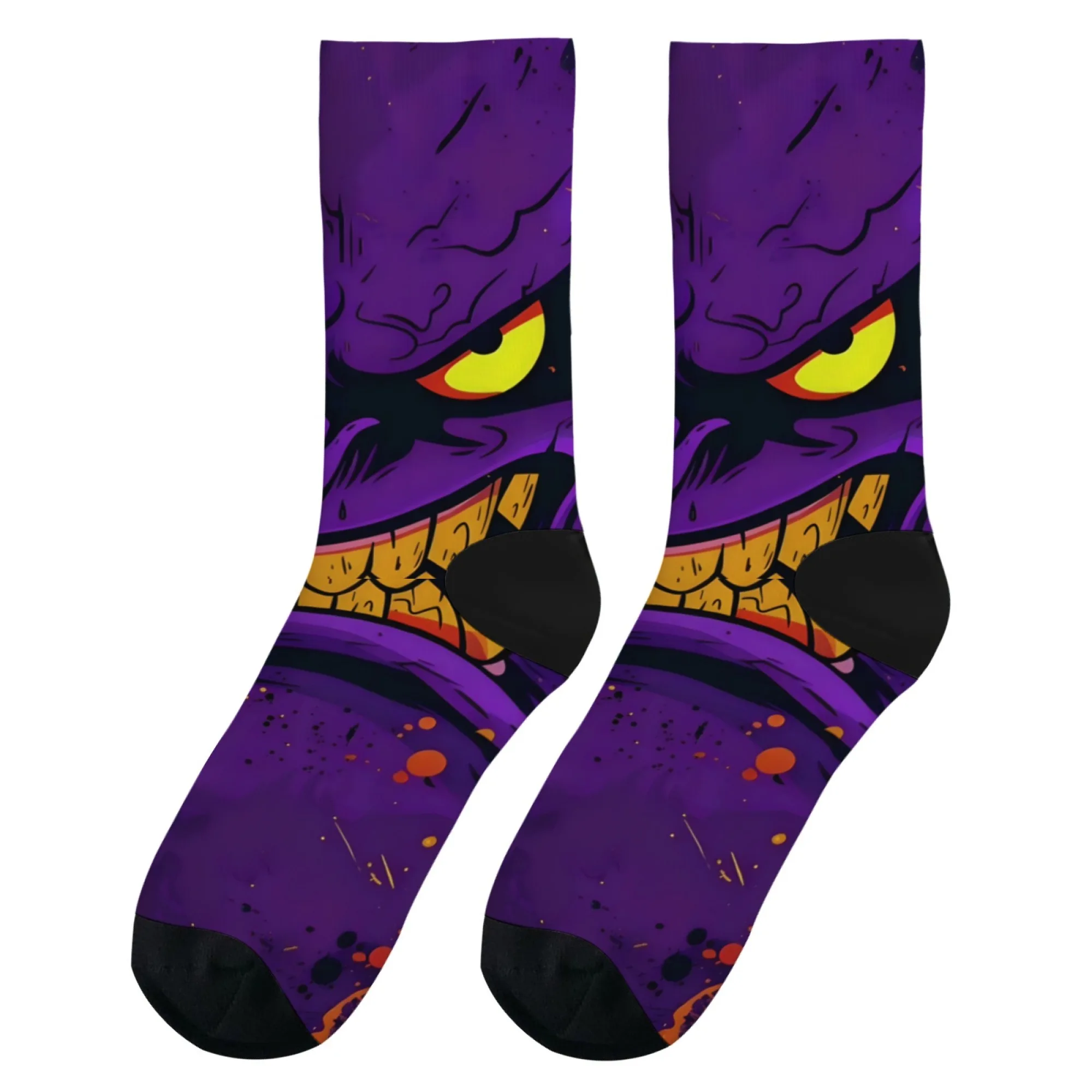 Dark Purple Evil Face Eye Tooth Pattern Print Crew Socks,Cool Graphic Design Novelty Funny Street - Style Sport Soft Socks