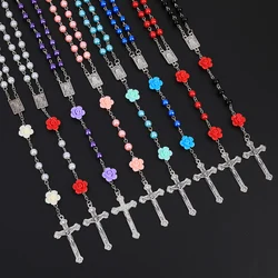 Religion Rosary Necklace For Women 6MM Imitation Pearl Long Chain Virgin Mary Jesus Cross Pendant Men Christian Prayer Jewelry