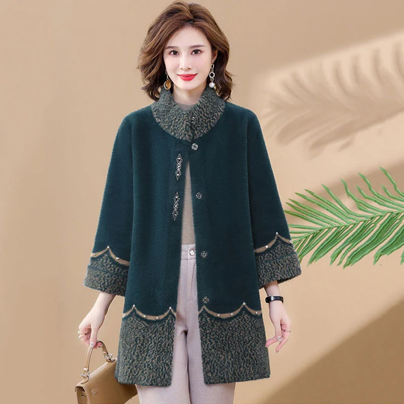 New Autumn Winter Middle-aged mother Imitate Mink Velvet Jacket Women Cardigan Overcoat Loose Casual Woolen Coat Women Outwear