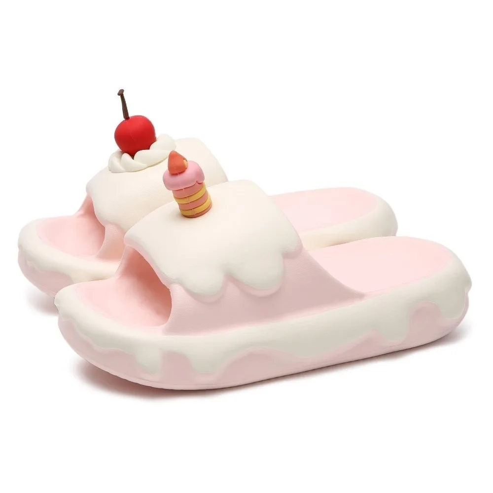

Cozy Creative Cream Cake Slippers Soft EVA Thick Soles Cherry Cake Slippers Comfortable Non-Slip Women Slippers Indoor