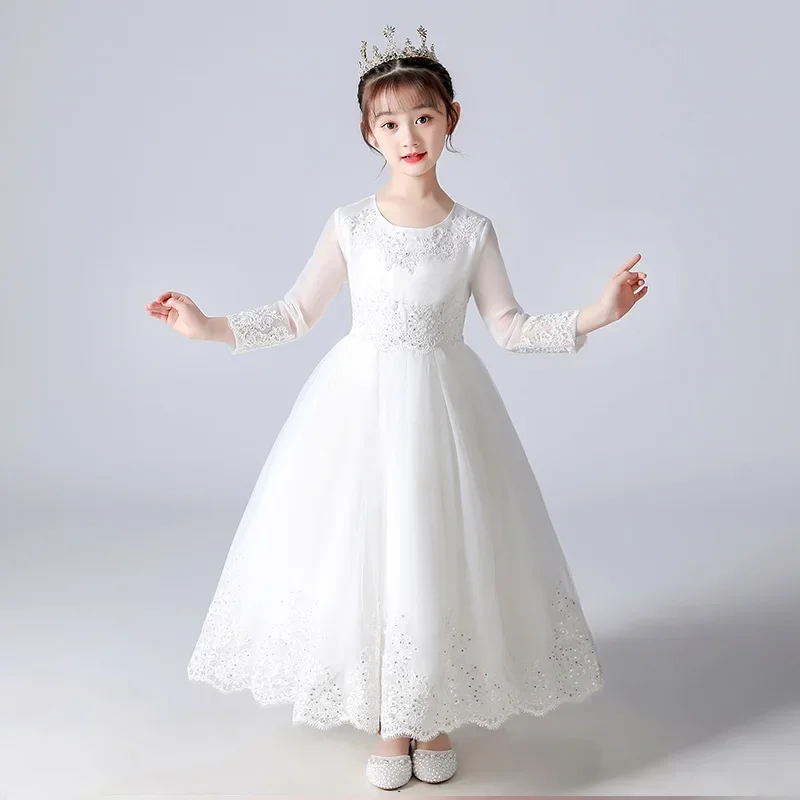 

Spring Autumn Party Dress for Kids Girl Lace Long Sleeve Children Girls Sequin Dress Fashion Solid Color Girls Dresses 4-13Years