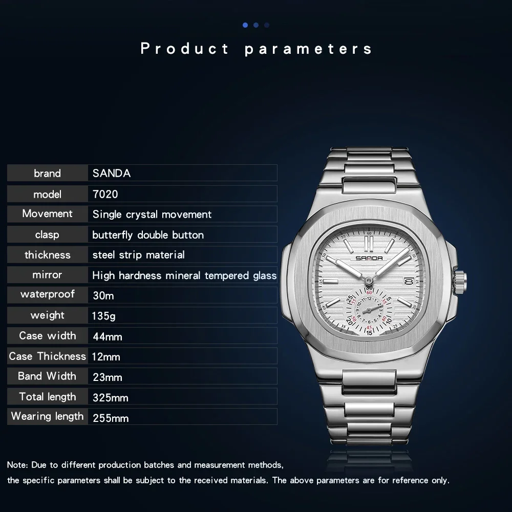 SANDA 7020, кварцевые наручные часы с датой, водостойкий восьмиугольный циферблат, простой рельефный дизайн, серебристые мужские часы, модные