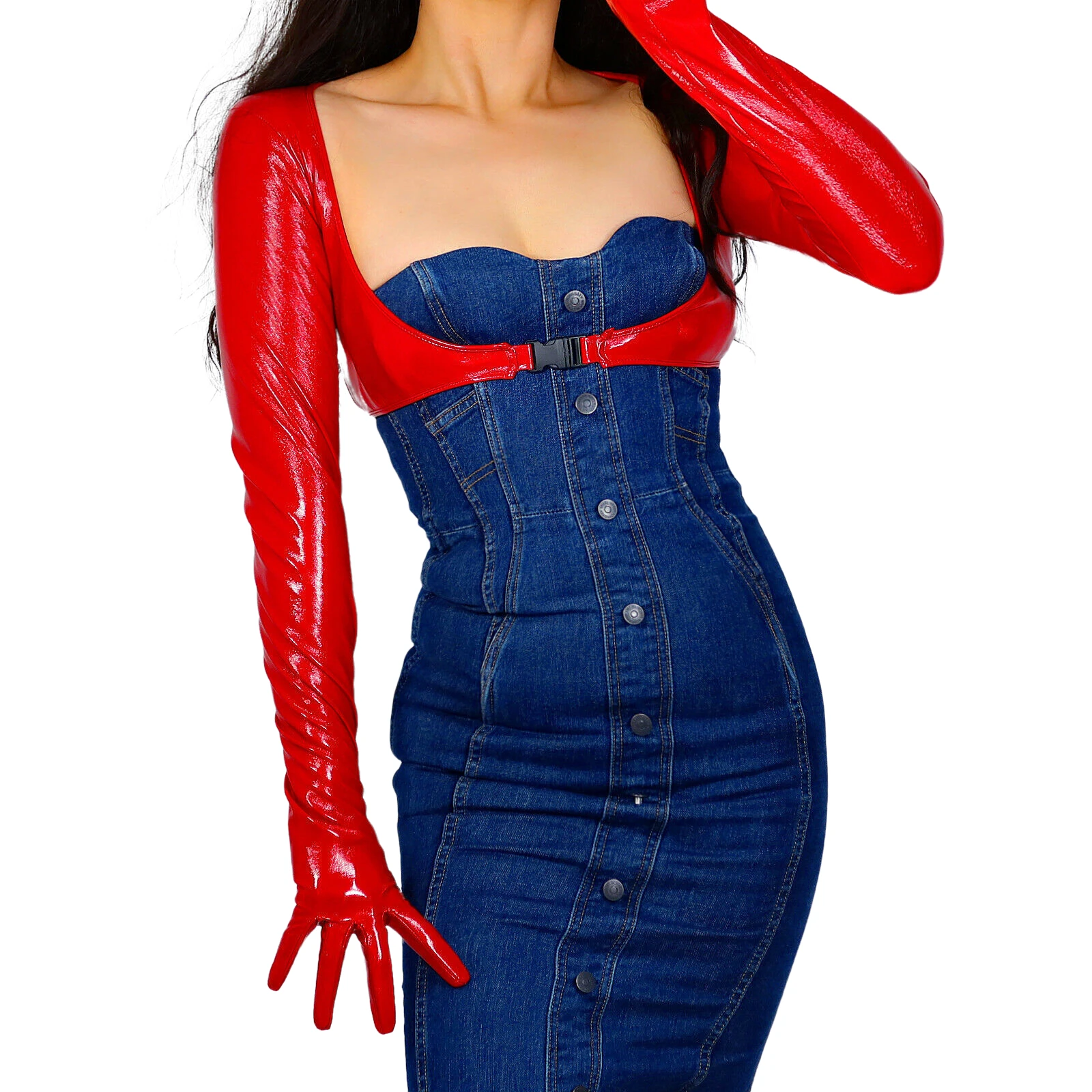 DooWay Gloved Top Women\'s Bolero Gloves Latex Red Faux Leather Jacket Crop Shrug Jumper Halloween Costume Dressing Evening Glove