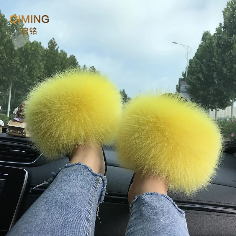 Verão Real Fur Slippers Senhoras Interior Furry Fur Flip Flops Mulheres Plush Fox Fur Slides Para As Mulheres Casa Sapatos Mulher Chinelo Praia