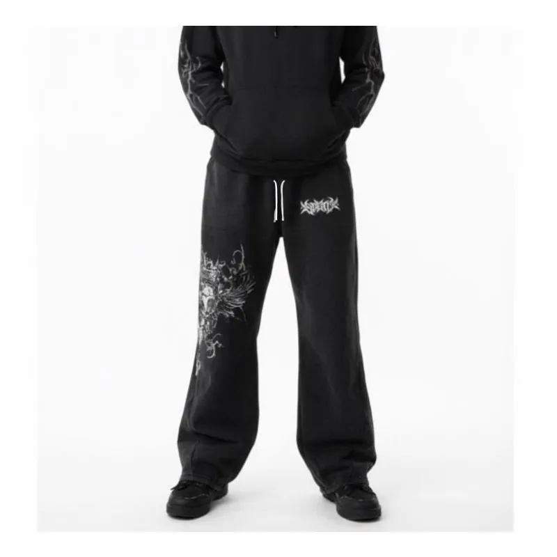 2026Men's Women's Y2K Gothic Angel Print Wide Leg Sports Pants Street Wear Hip-hop Casual Drawstring Pants Harajuku Street Style