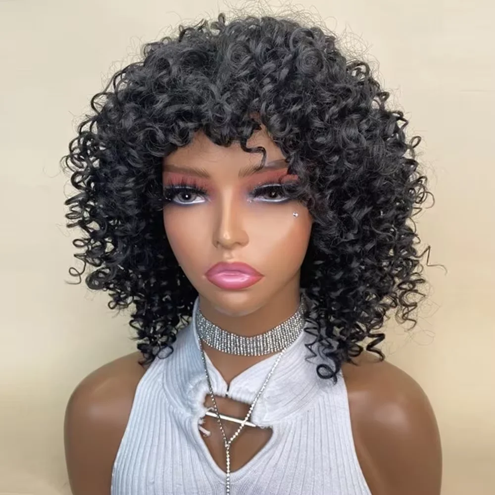 Afro Curly Wig with Bangs Shoulder Length Wigs Curly Black Wig Afro Kinky Curly Wigs Synthetic Wig Curly Full Wig for Women