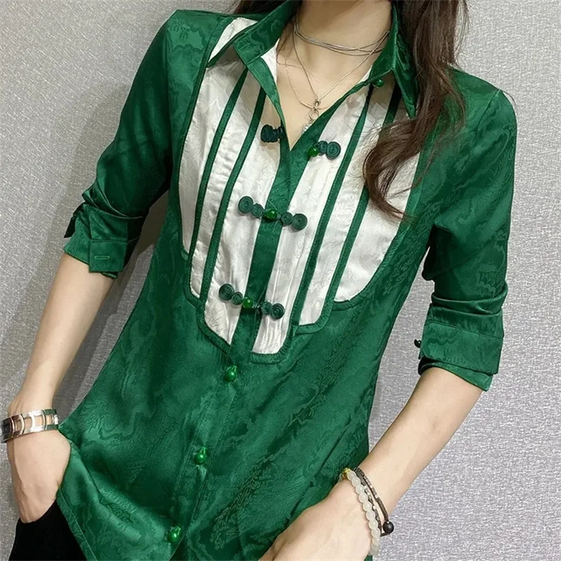 

Spring Femme Satin Cardigan Blouse Coat Advanced Feeling Women Leisure Shirt Jacket Korean Ladies Large Size 4XL Patchwork Tops