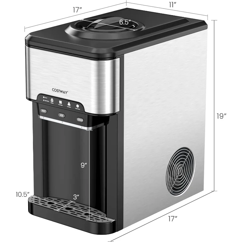 موزع مياه COSTWAY مع صانع الثلج، يحمل زجاجة 3-5 جالون، ماكينة تبريد المياه الباردة الساخنة 3 في 1 على سطح الطاولة