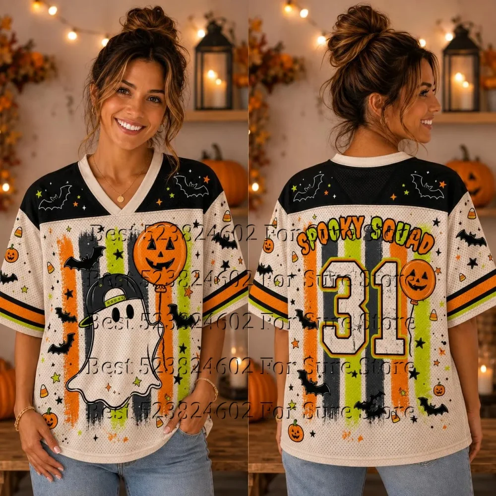 Halloween Spooky Squad Graphic Mesh Jersey Shirt Women Cute Ghost Pumpkin  V Neck Short Sleeve Loose Sport Trick Party Outfit