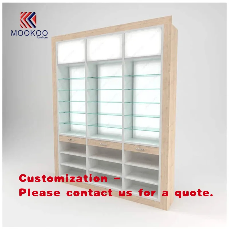 custom.Customized Wooden Pharmacy Cabinet with Drawers and Glass Shelves Display Racks Sale