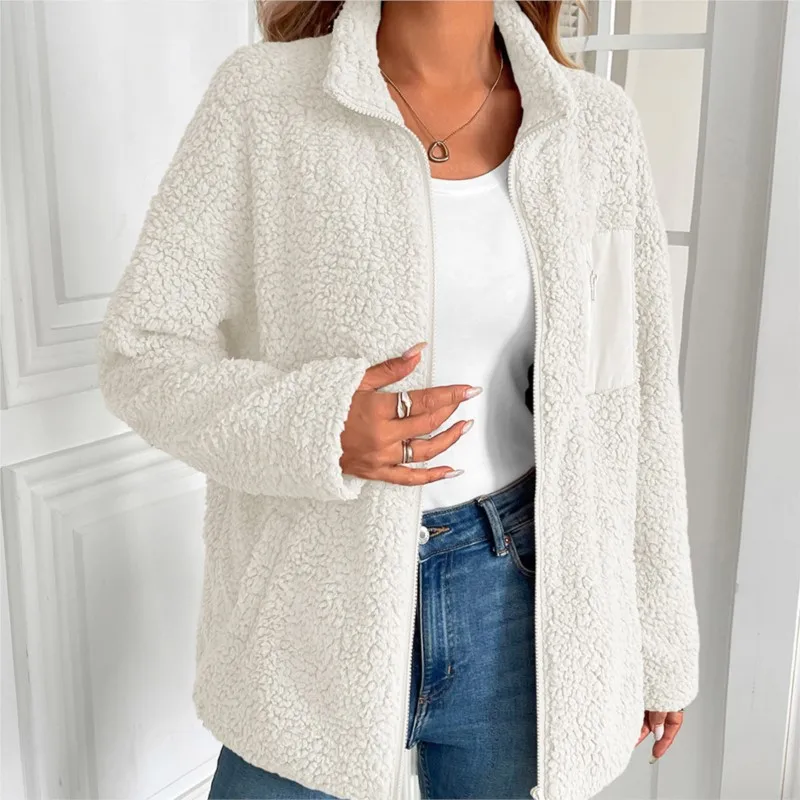 Giacca da donna in pile di agnello tinta unita autunno inverno da donna con giunture larghe cerniera casual con giacca tascabile tira Femmes