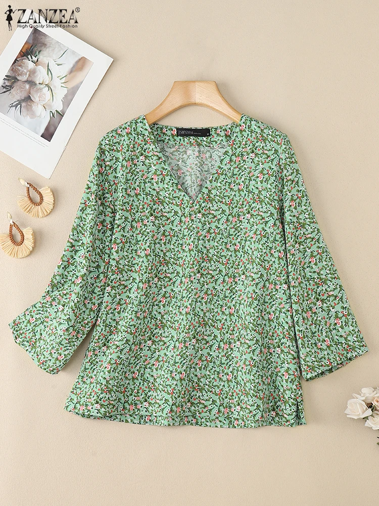 2025ZANZEA Herfst Gedrukt Blouses Vrouwen V-hals 3/4 Mouw Tops Casual Vakantie Shirt Losse Chemise Vrouwelijke Bloemen Tuniek Mujer