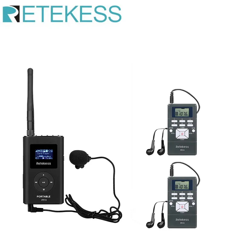 Retekess Wireless Tour Guide System FT11 FM transmitter Portable FM Receiver 2 pc PR13 For Tour Church Training Support TF Card