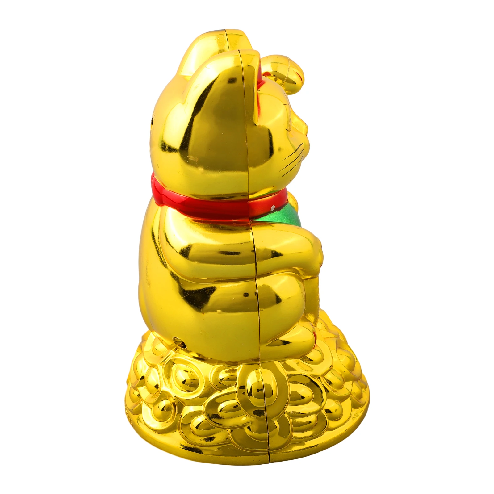 East Asian Lucky Cat Figurine with Gold Tone Body and Green Bib for Feng Shui Arrangements and Spatial Energy Enhancement