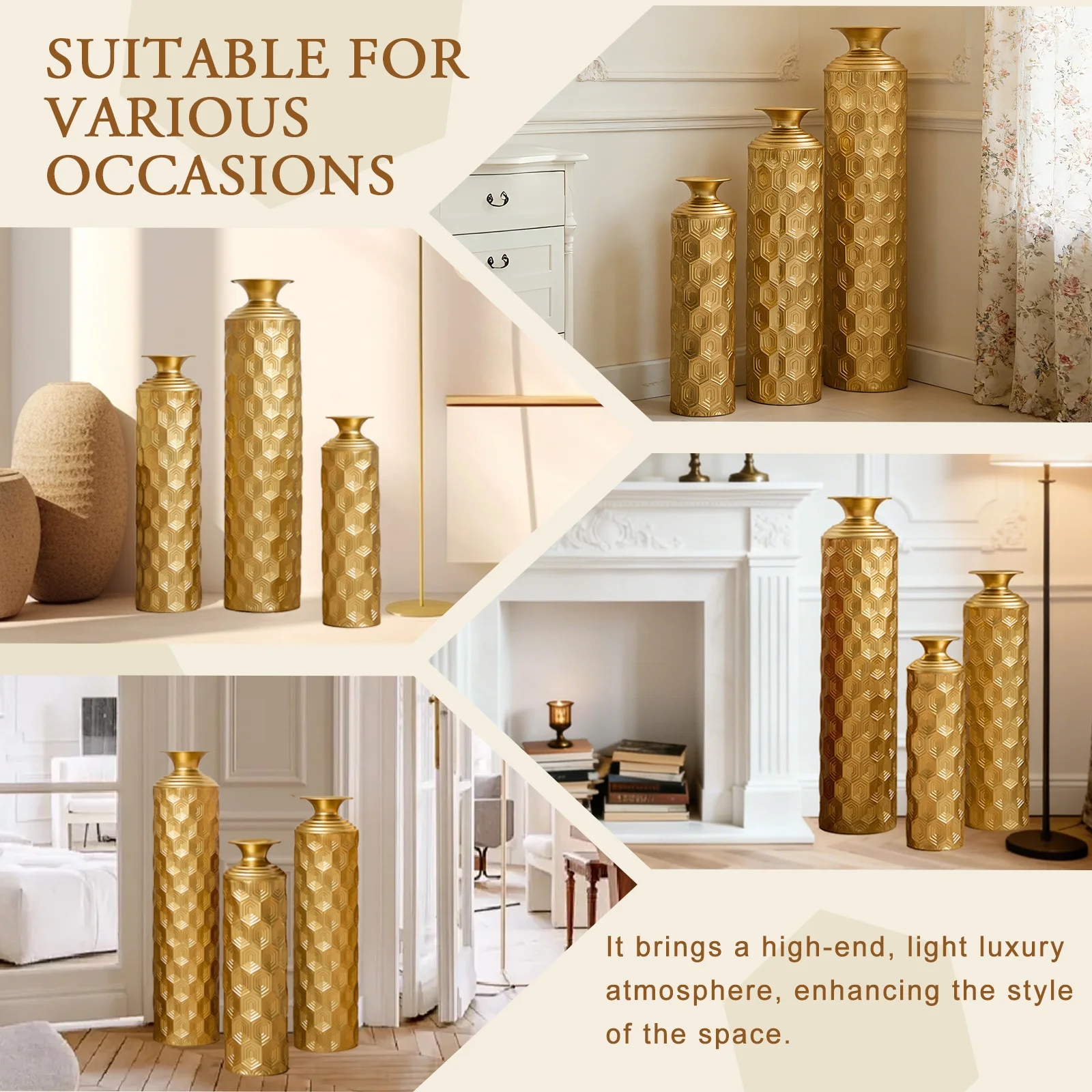 3-Piece Modern Gold Metal Floor Vase Set, Hexagon Textured, 33.46