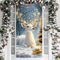 White Elk Linings For Christmas Doors Winter Snowy Scene Door Cover 2025 Xmas Outdoor Decoration Front Door 2026 New Year Decors