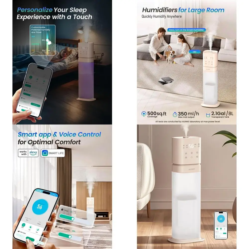 

Умный увлажнитель воздуха для больших помещений 8 л с удлиненной трубкой, ночником, Wi-Fi и голосовым управлением, подходит для дома, детей и младенцев, светло-серый