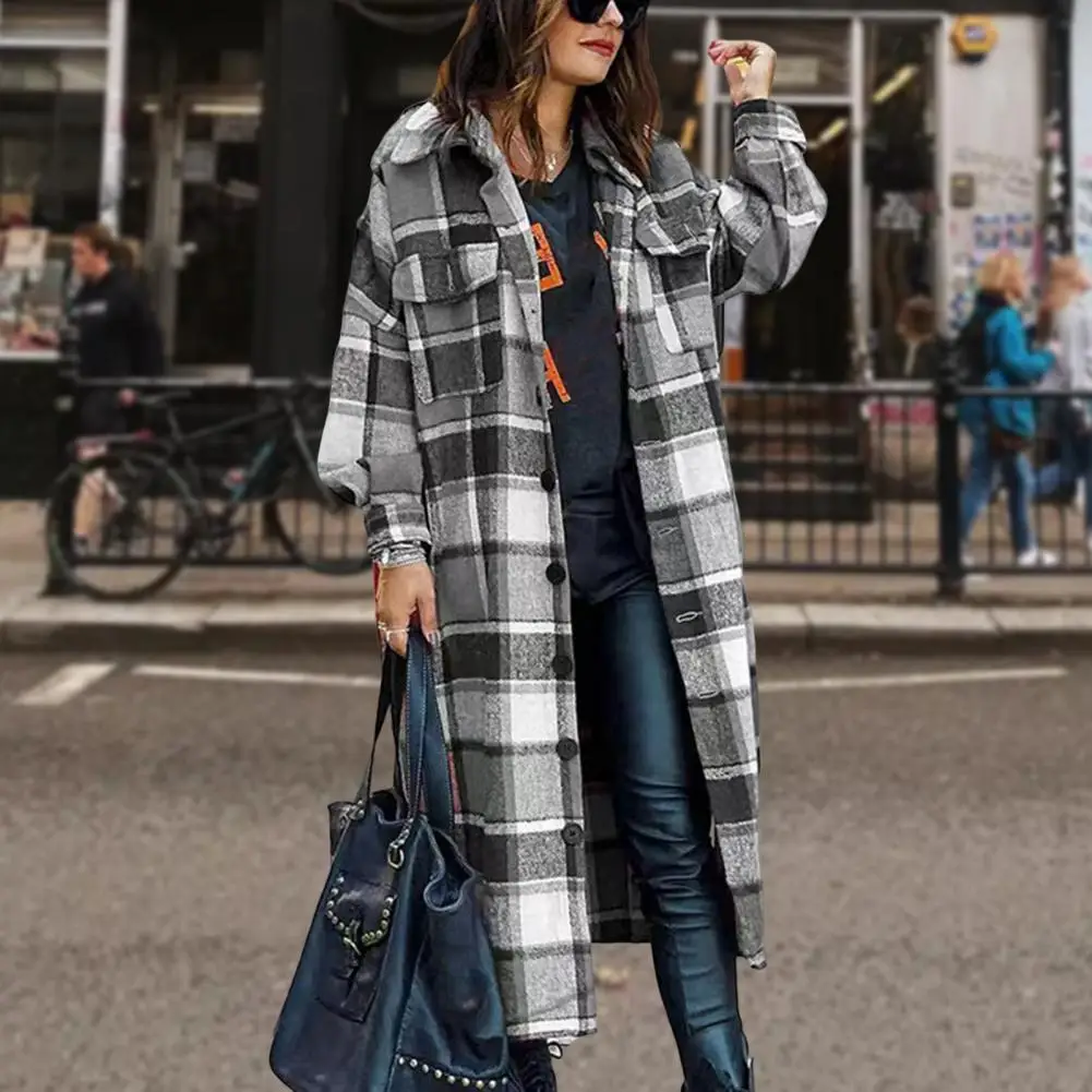 

Plaid Collar Coat Polyester Spandex Outerwear Plaid Print Women's Jacket with Lapel Mid Length Single-breasted for Warmth