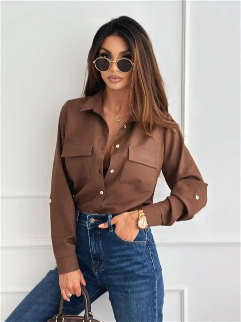 

Female Solid Color White Long Sleeved Shirt Spring and Summer Simple Shirt Loose Basic Casual Blouse Women's Button Up Shirts