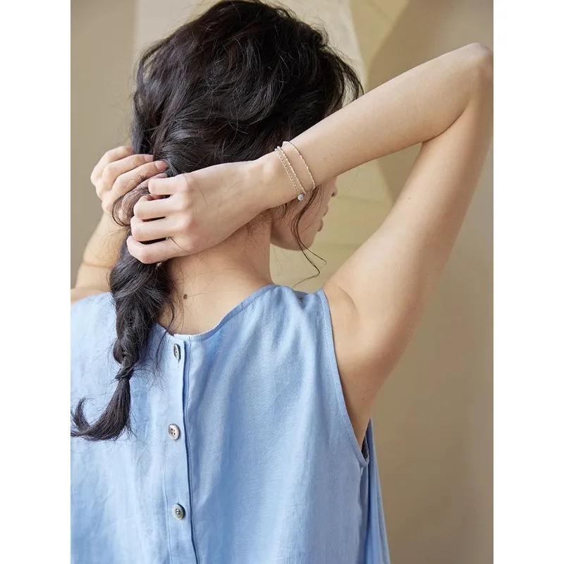 2025年夏新作 フレンチスタイル ベスト リネンワンピース ノースリーブ Oネック 無地 ラッフルヘム Aライン タンク ロングワンピース レディース エレガント N784