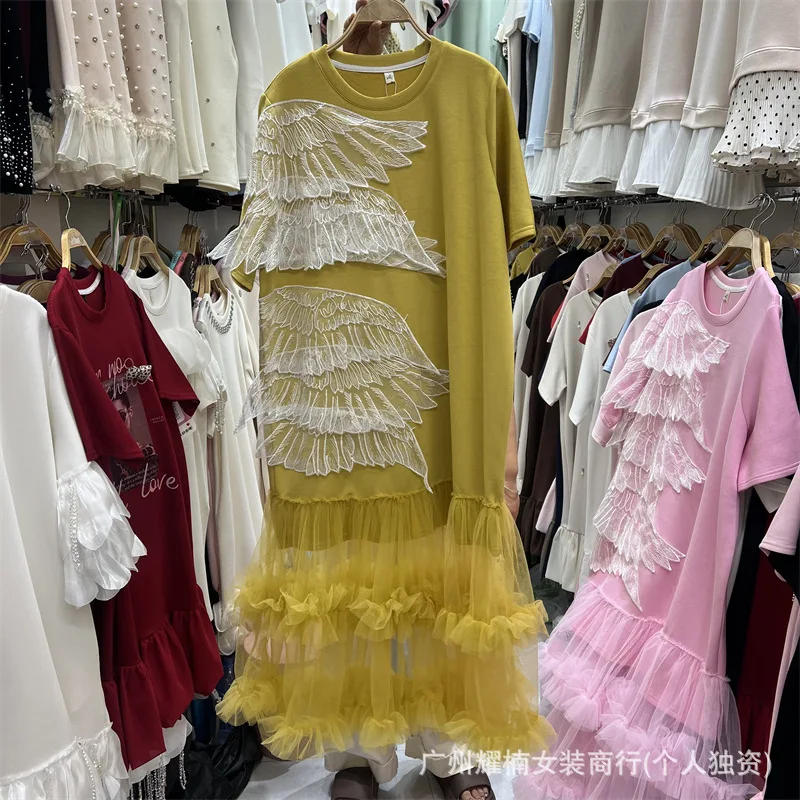 Fashion New Spring Summer Loose Waist Short Sleeve Dress All-match Round Neck Embroidery Lace Mesh Ruffles Mid-long Fairy Dress