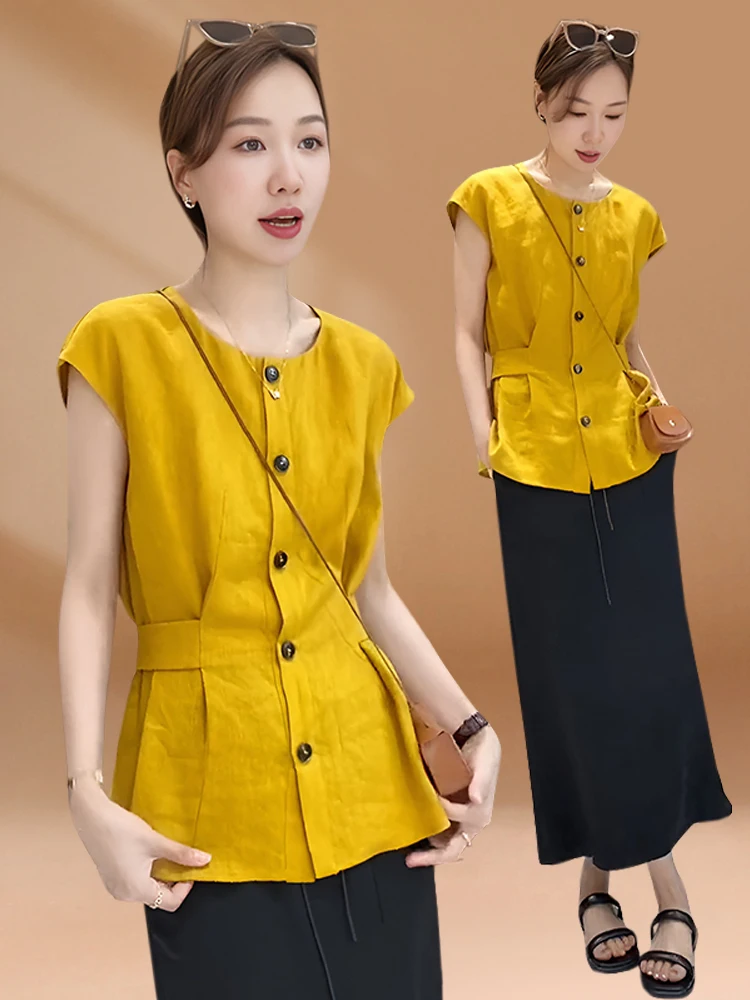 

Элегантная женская блузка без рукавов с круглым вырезом и приталенным силуэтом, модная, красивая, летняя, новинка 2026 года, корейский стиль, свободный крой