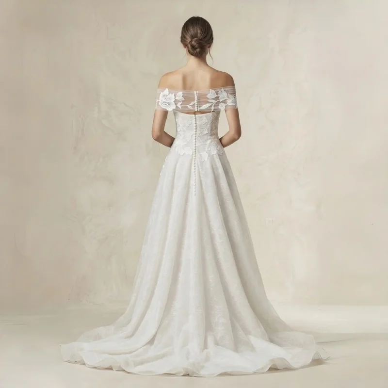 Off The Shoulder Appliqued A Line Wedding Dress In White Sheer Tulle Sleeves Floral Appliques Jacquard Tulle Skirt Evening Gowns