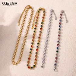 Boho Stainless Steel Necklace Bracelet With Colorful Zircon For Women High-end Multi Color Zirconia Women's Necklaces Bracelets