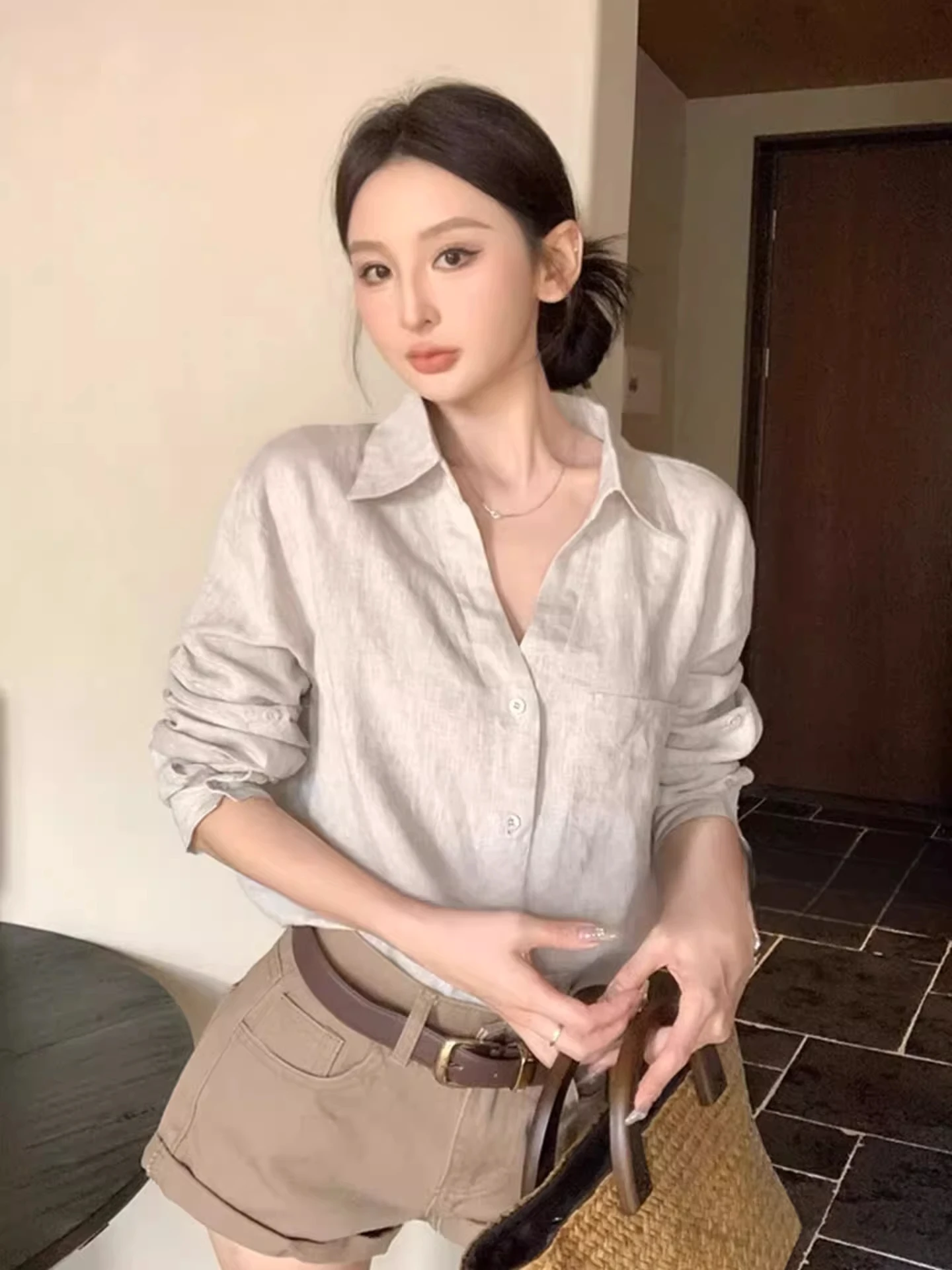 

Loose Women's Long Sleeve Collar Linen Shirt Spring Summer Casual Open Cardigan Top Fashion Brand Korean Style