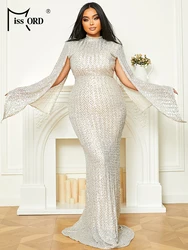 Missord-Sequin Turtleneck Split manga comprida Bodycon vestido para mulheres, vestidos de noite Maxi, elegante vestido de baile, festa de casamento, plus size