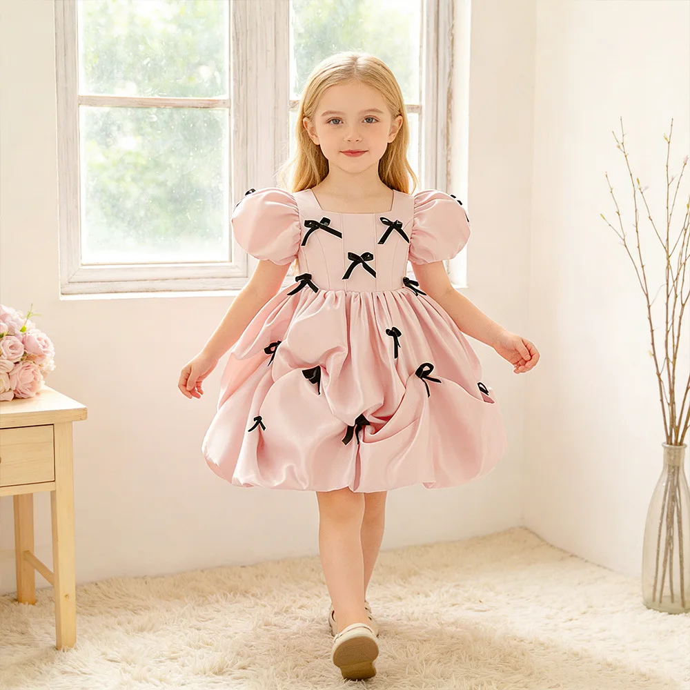 

Розовое платье принцессы с пышными рукавами и бантом для девочек, нарядное платье для детей на день рождения, для торжественных мероприятий, вечерних выступлений, конкурсов красоты