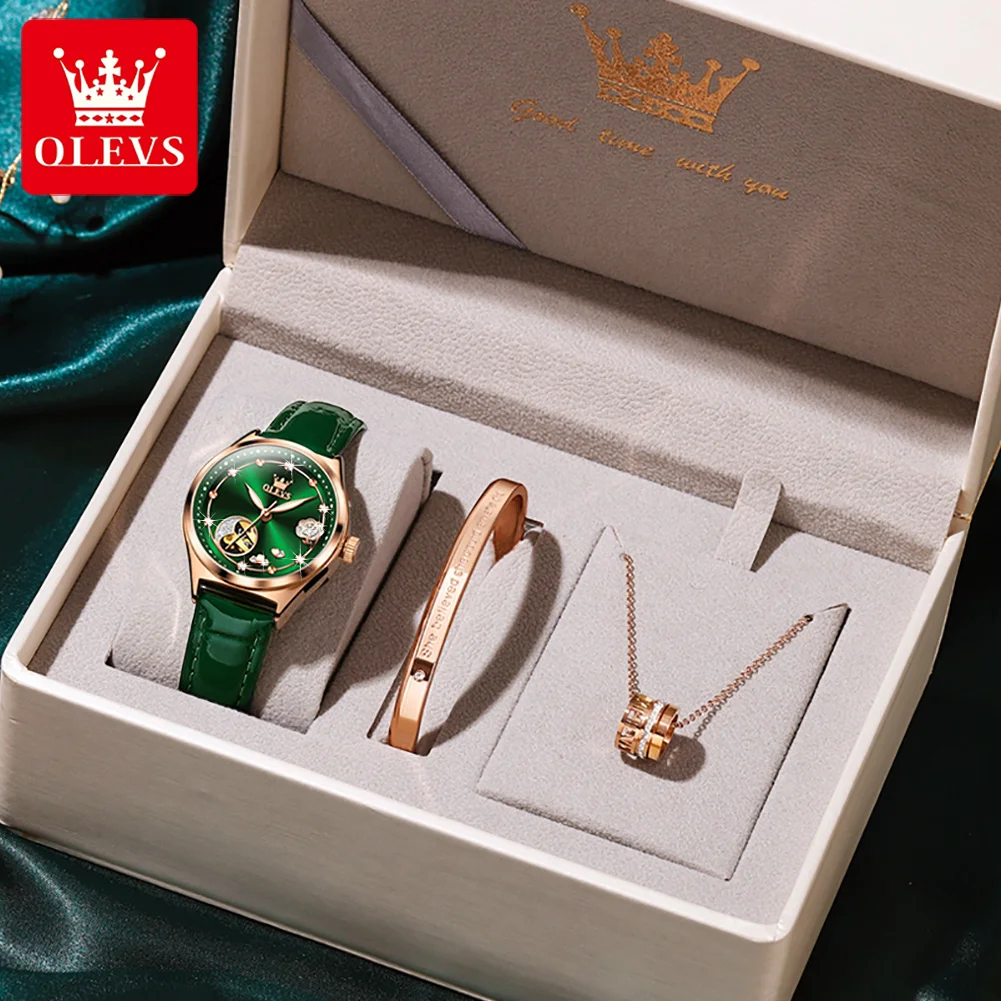 OLEVS 6601 Green Leather Strap Women Watch Automatic Mechanical Movement Waterproof Diamond Fashion Watch