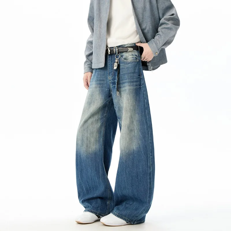 Spring Autumn Men's Jeans Solid Color Washed Wide Leg Curved Knife Jeans High Street All-match Loose Male Denim Trousers