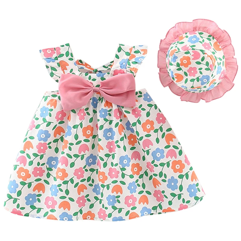 2-delige Zomerjurken Baby Meisje Kleding Koreaanse Schattige Strik Mouwloze Bloemen Roze Luxe Jurk + Zonnehoed Pasgeboren Kleding Set Bc2180