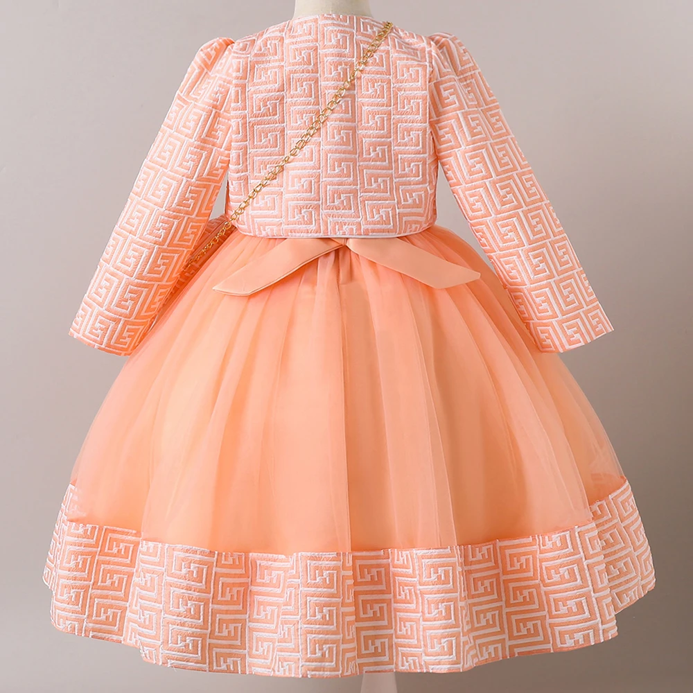Girl Dresses with Bag long Sleeve Coat Tulle Princess Ball Gown for Kids in Party Birthday Graduation Christmas 3-10Y
