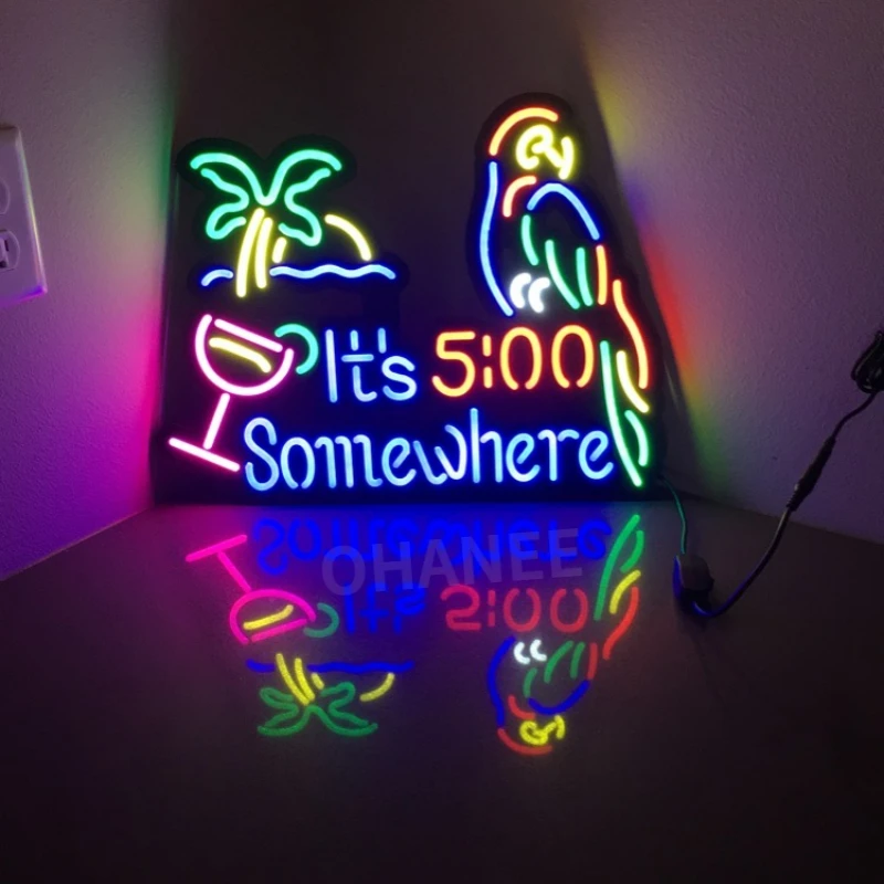 It\'s 5:00 SomeWhere Parrot LED Neon Sign Art Wall Lights for Beer Bar Club Bedroom Windows Hotel Pub Cafe Wedding Party Gifts