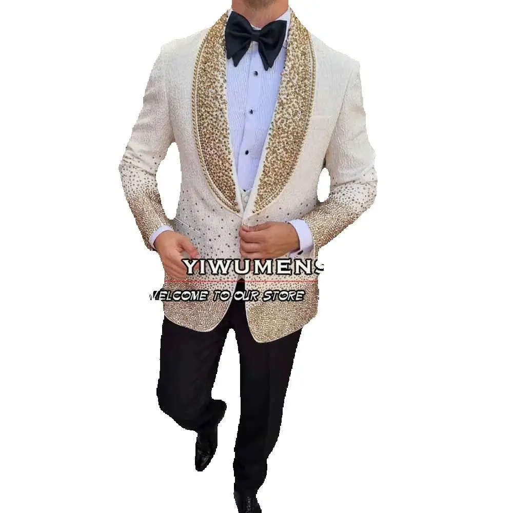 

Customized Elegant Groomsman Tuxedos Crystals Beaded Men's Suits Formal Banquet Party Prom Blazer Costume Homme Pour Mariage