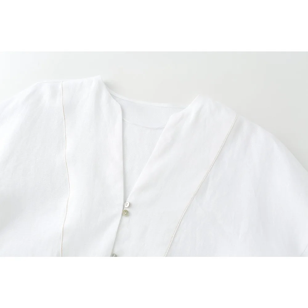 New in Summer Casual Pant Sets for Women V-neckline and Long Sleeve White Kimono Style Shirt & Tonal Mid-rise Straight Leg Pants
