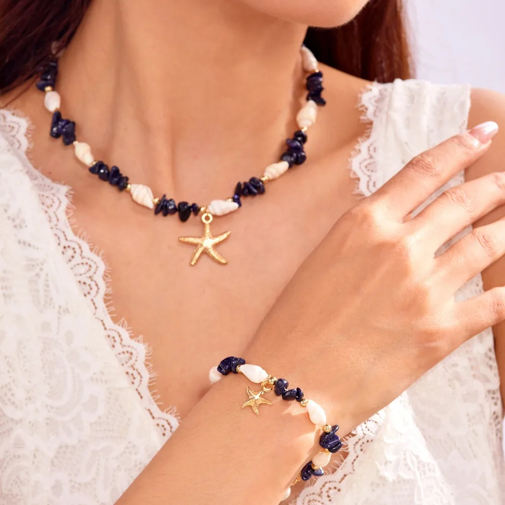 Bohemia Irregular Crushed Stones Shell Starfish Pendant Necklace Bracelets Anklet Set for Women Beach Vacation Stackable Jewelry