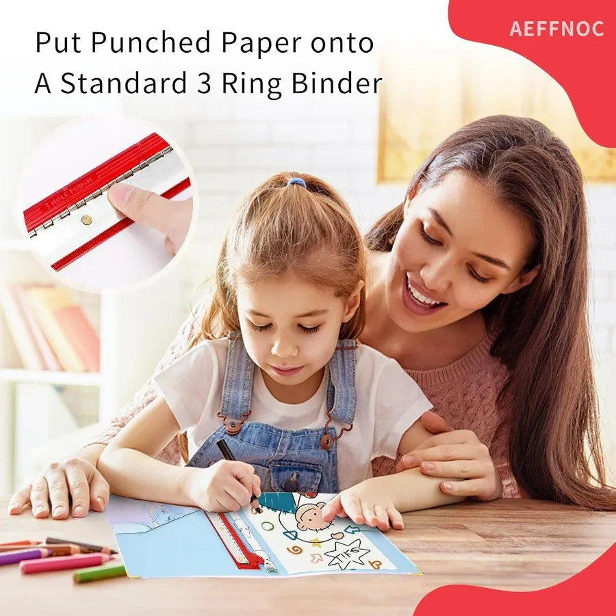 เครื่องเจาะกระดาษแบบพกพา 3 รู พร้อมไม้บรรทัด 10 นิ้ว สำหรับโรงเรียนและสำนักงาน เครื่องเจาะรู 3 วง จุกระดาษได้ 5 แผ่น ดีไซน์กะทัดรัด