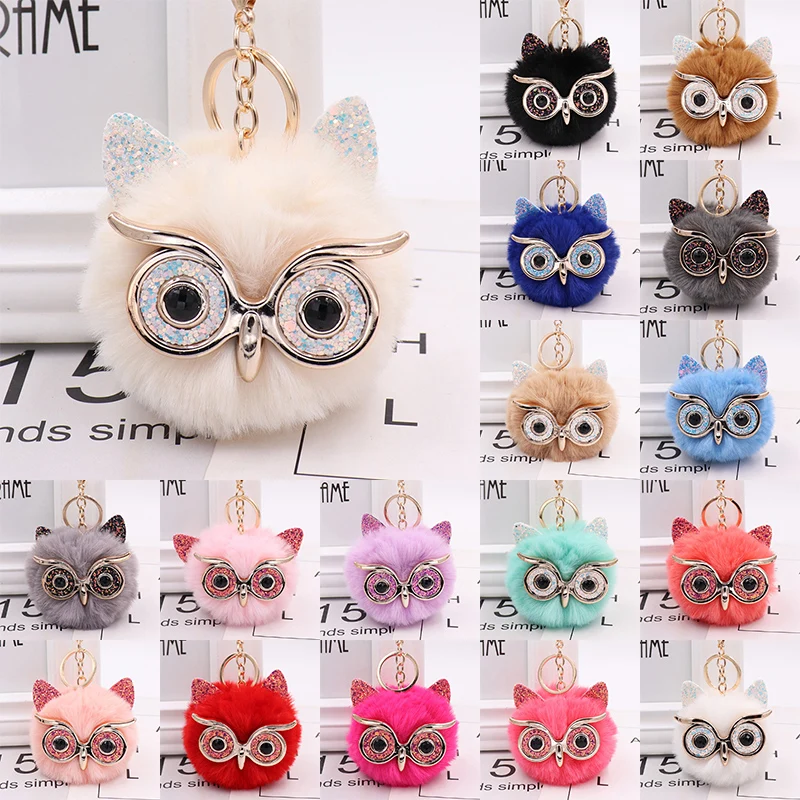 Cute Owl Keychain Artificial Rabbit Hairy Pom-pom Key Ring Women Bag Pendant Gift